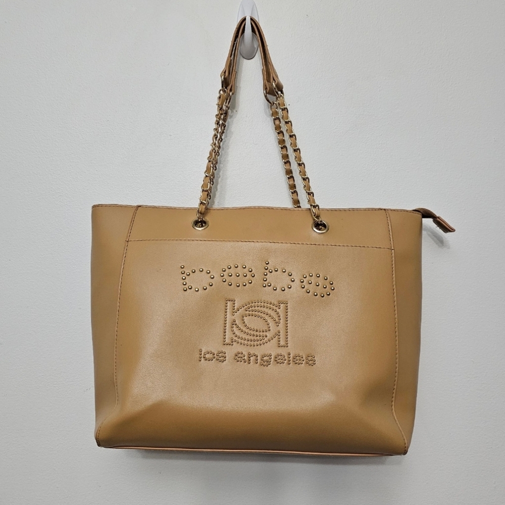 Bebe Los Angeles Tan Zip Top Embellished Logo Dual Chain Handle Tote Bag